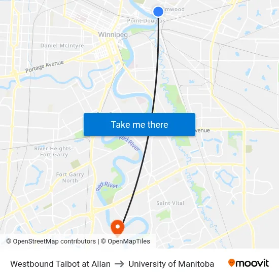 Westbound Talbot at Allan to University of Manitoba map
