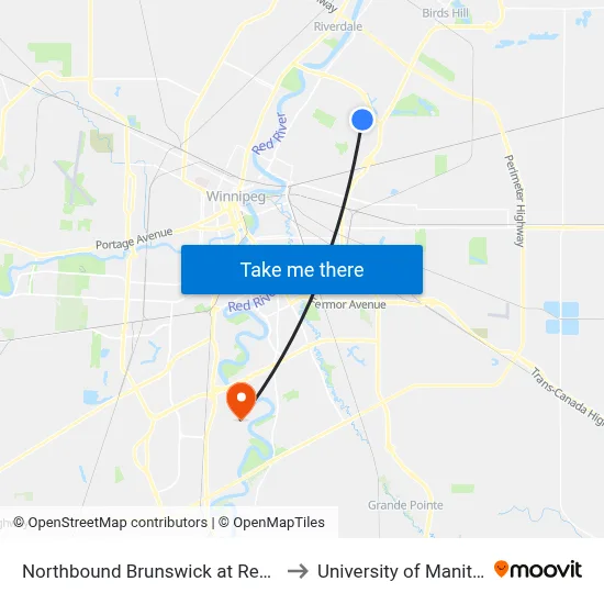 Northbound Brunswick at Red Oak to University of Manitoba map