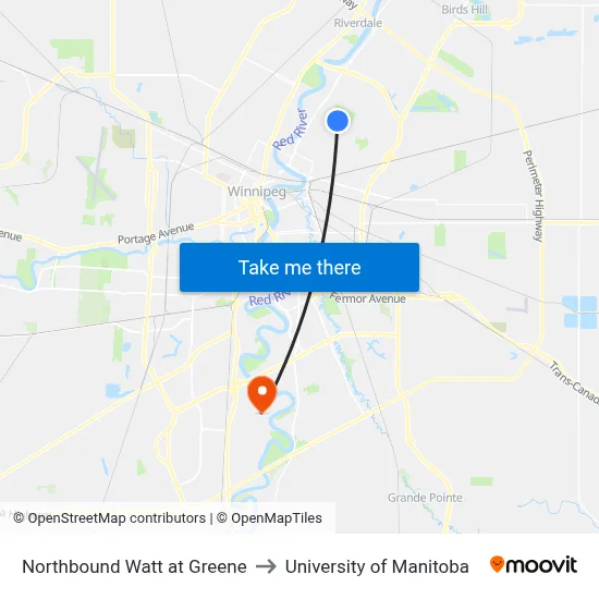 Northbound Watt at Greene to University of Manitoba map
