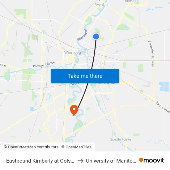 Eastbound Kimberly at Golspie to University of Manitoba map