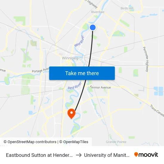 Eastbound Sutton at Henderson to University of Manitoba map