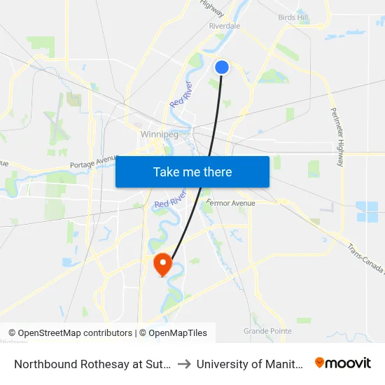 Northbound Rothesay at Sutton to University of Manitoba map