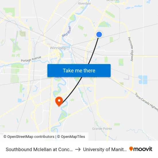 Southbound Mclellan at Concordia to University of Manitoba map