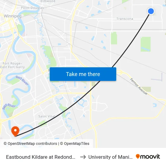 Eastbound Kildare at Redonda West to University of Manitoba map