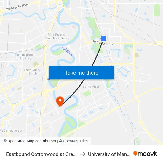 Eastbound Cottonwood at Crestwood to University of Manitoba map