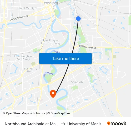Northbound Archibald at Marion to University of Manitoba map
