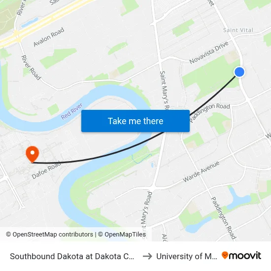 Southbound Dakota at Dakota Community Club to University of Manitoba map
