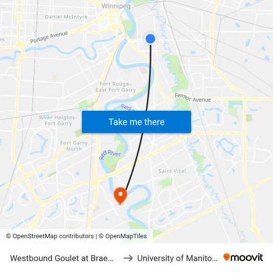Westbound Goulet at Braemar to University of Manitoba map