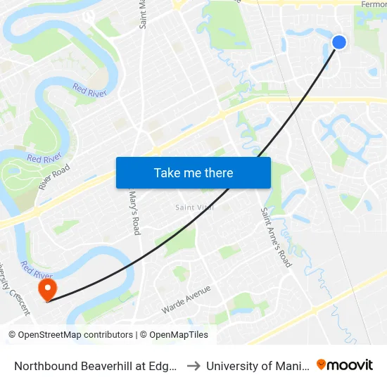 Northbound Beaverhill at Edgewater to University of Manitoba map