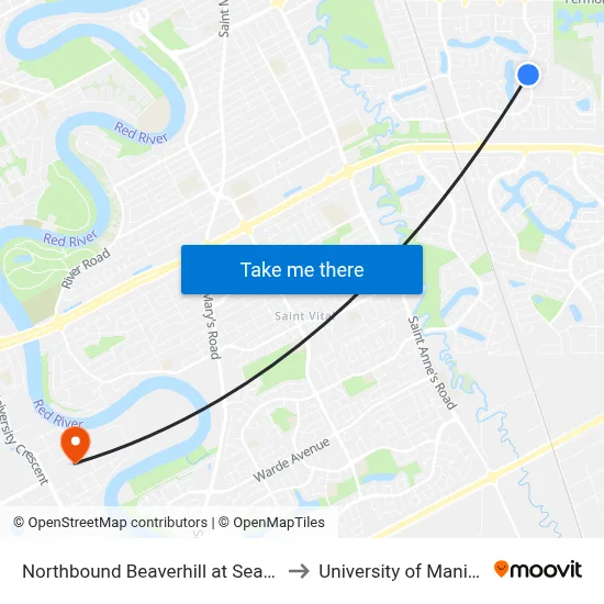 Northbound Beaverhill at Seabrook to University of Manitoba map