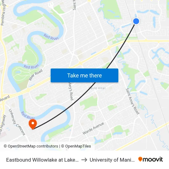 Eastbound Willowlake at Lakewood to University of Manitoba map