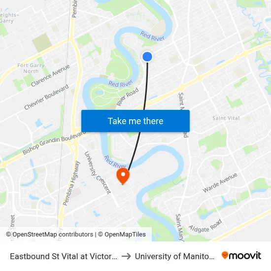 Eastbound St Vital at Victoria to University of Manitoba map