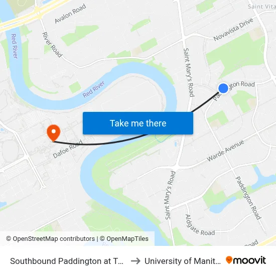 Southbound Paddington at Tufnell to University of Manitoba map