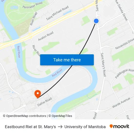 Eastbound Riel at St. Mary's to University of Manitoba map