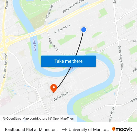 Eastbound Riel at Minnetonka to University of Manitoba map
