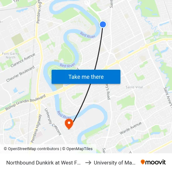 Northbound Dunkirk at West Fernwood to University of Manitoba map