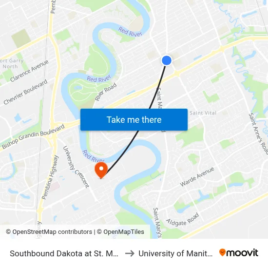 Southbound Dakota at St. Mary's to University of Manitoba map
