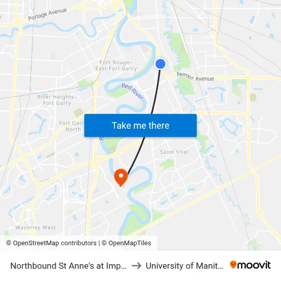Northbound St Anne's at Imperial to University of Manitoba map