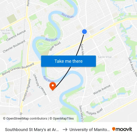 Southbound St Mary's at Arden to University of Manitoba map