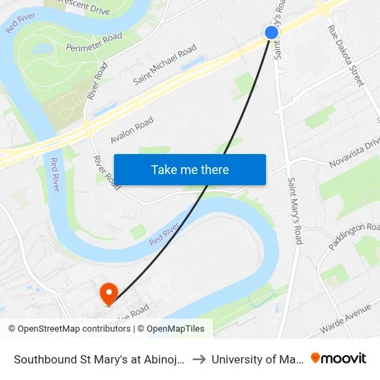 Southbound St Mary's at Abinojii Mikanah to University of Manitoba map