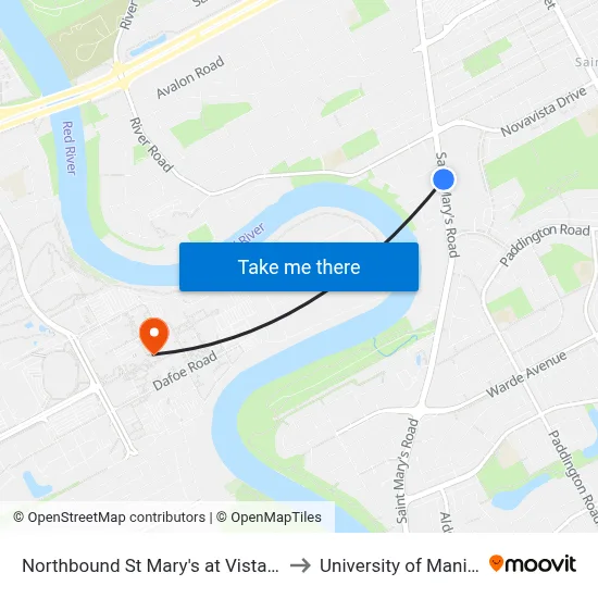 Northbound St Mary's at Vista South to University of Manitoba map