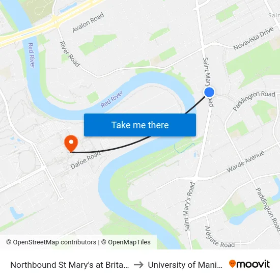 Northbound St Mary's at Britannica to University of Manitoba map