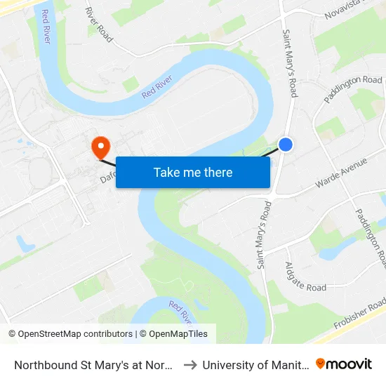 Northbound St Mary's at Normand to University of Manitoba map