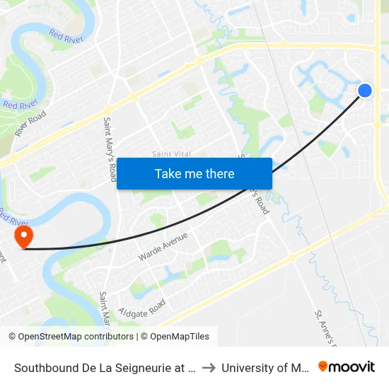 Southbound De La Seigneurie at Island Lakes to University of Manitoba map