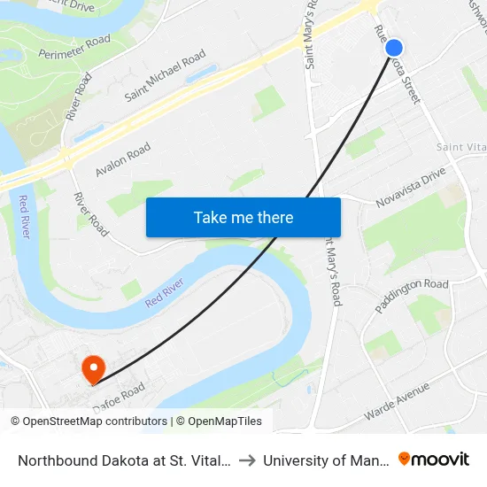 Northbound Dakota at St. Vital Centre to University of Manitoba map
