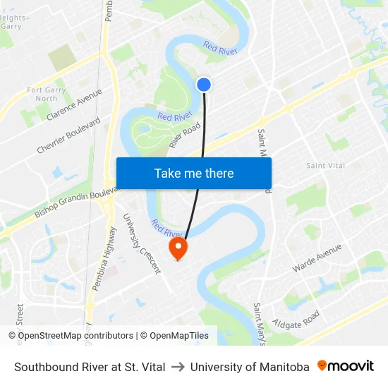 Southbound River at St. Vital to University of Manitoba map