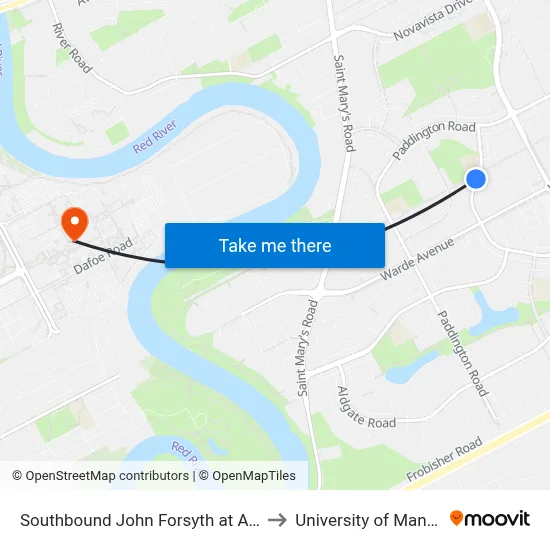 Southbound John Forsyth at Ashford to University of Manitoba map