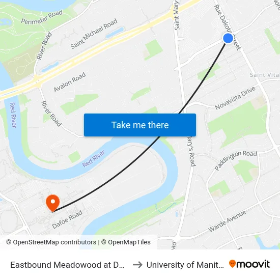 Eastbound Meadowood at Dakota to University of Manitoba map