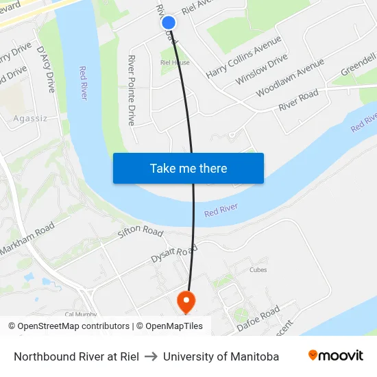 Northbound River at Riel to University of Manitoba map