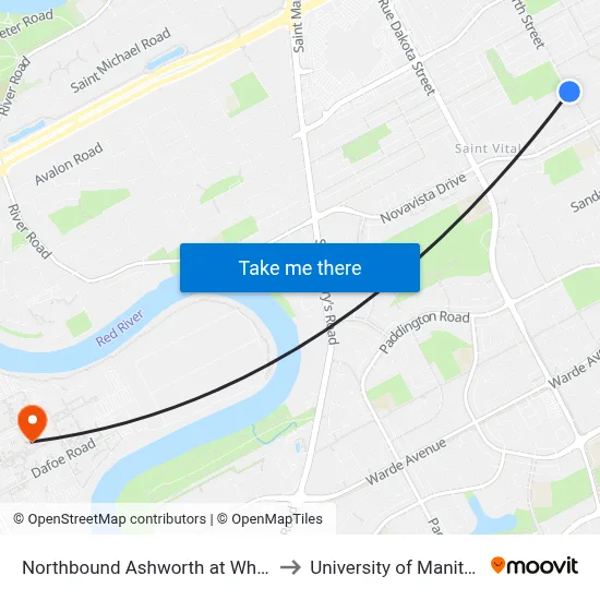 Northbound Ashworth at Whitley to University of Manitoba map