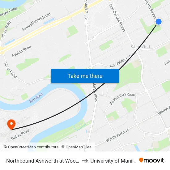 Northbound Ashworth at Woodydell to University of Manitoba map