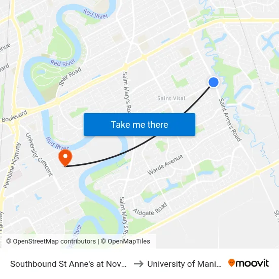 Southbound St Anne's at Novavista to University of Manitoba map