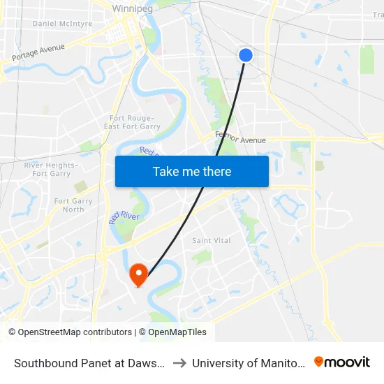 Southbound Panet at Dawson to University of Manitoba map
