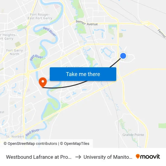 Westbound Lafrance at Proulx to University of Manitoba map