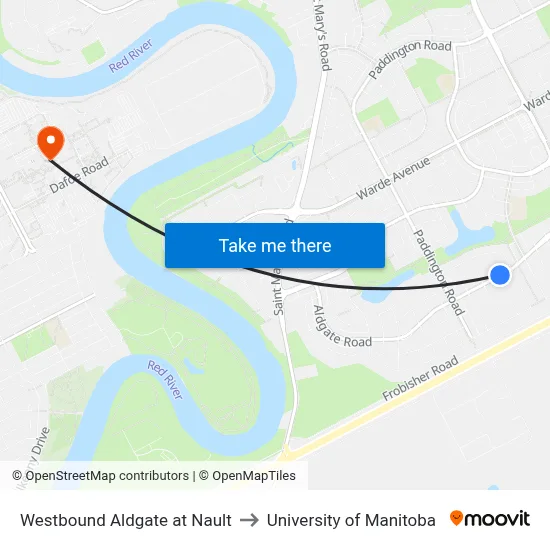 Westbound Aldgate at Nault to University of Manitoba map
