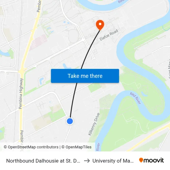 Northbound Dalhousie at St. Dunstan's to University of Manitoba map