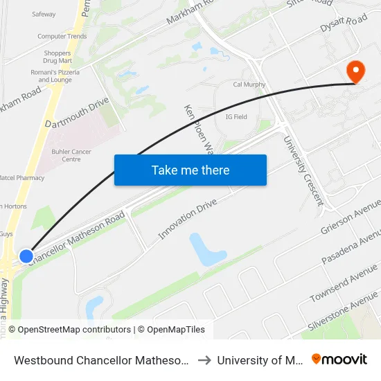 Westbound Chancellor Matheson at Pembina to University of Manitoba map