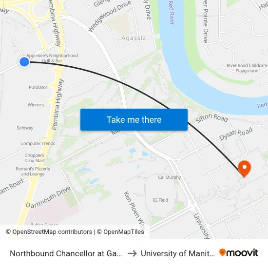 Northbound Chancellor at Gaylene to University of Manitoba map