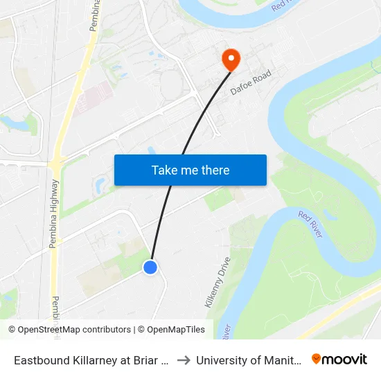 Eastbound Killarney at Briar Cliff to University of Manitoba map