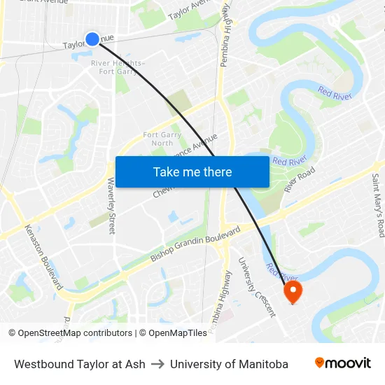 Westbound Taylor at Ash to University of Manitoba map