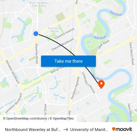 Northbound Waverley at Buffalo to University of Manitoba map