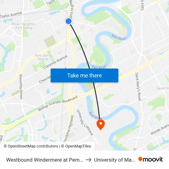 Westbound Windermere at Pembina West to University of Manitoba map