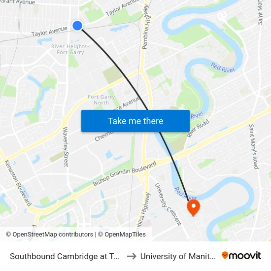 Southbound Cambridge at Taylor to University of Manitoba map