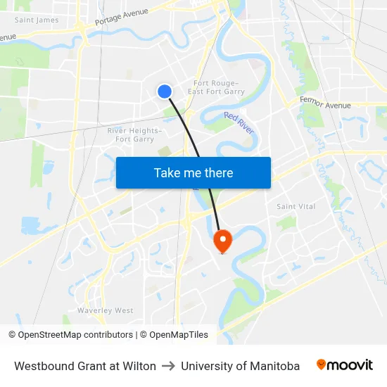 Westbound Grant at Wilton to University of Manitoba map