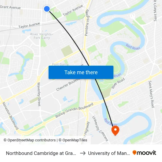 Northbound Cambridge at Grant North to University of Manitoba map
