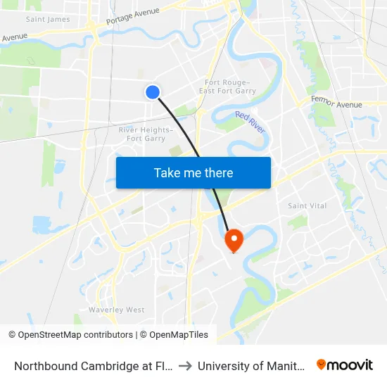 Northbound Cambridge at Fleet to University of Manitoba map